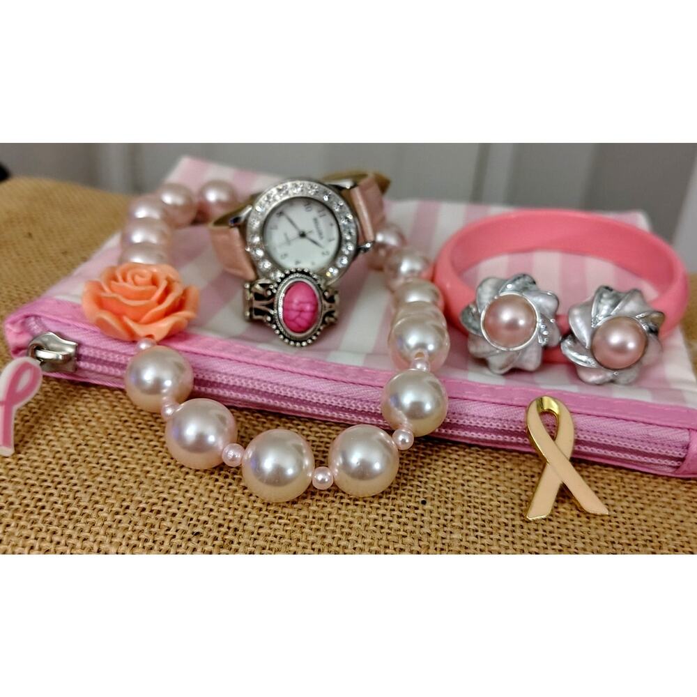 #PH22 - PINK STRIPED BREAST CANCER AWARENESS POUCH W/ MATCHING ACCESSORIES